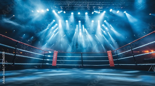 Professional boxing ring in arena, ideal for thrilling sporting events and high stakes competitions © Ilja