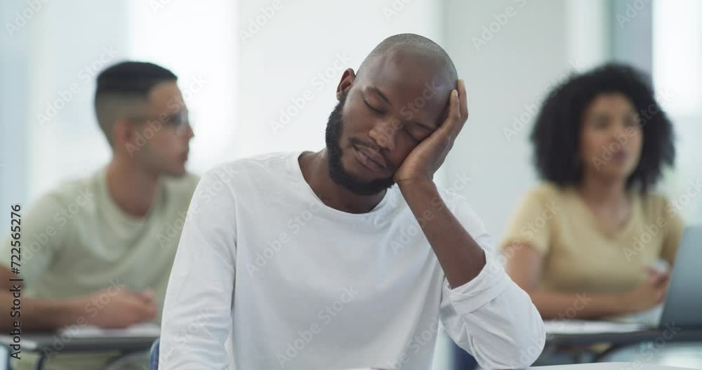 Tired, college student or sleeping in classroom with burnout, stress depression or fatigue in school. Black man, lazy or exhausted African learner in nap at desk for resting in university lesson Tired, college student or sleeping in classroom with burnout, stress depression or fatigue in school. Black man, lazy or exhausted African learner in nap at desk for resting in university lesson