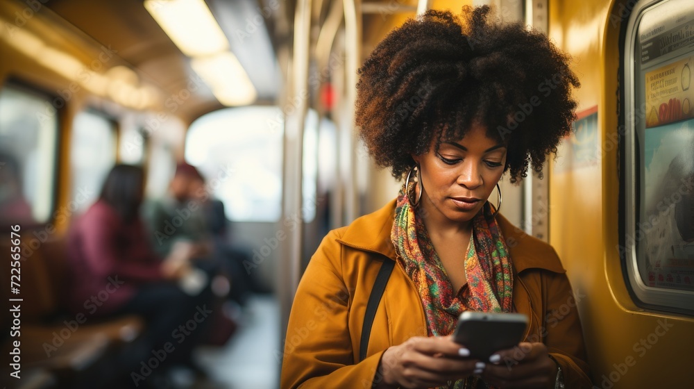 Mid adult woman is using a smartphone in public transportation