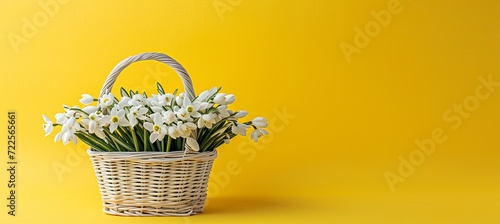 Beautiful white snowdrop flowers in basket on yellow spring background with copy space © Ilja