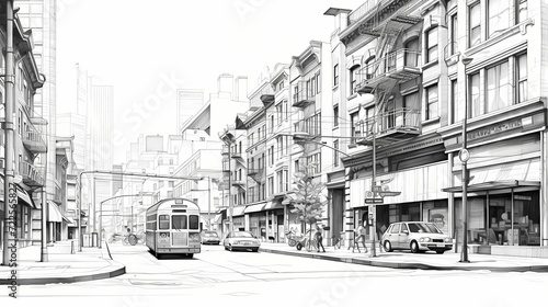 Contemporary black and white line drawing of an urban street scene, capturing the essence of modern city life with clean architectural lines © CREATER CENTER