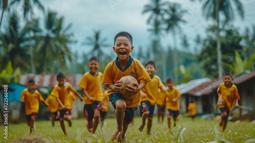 Children s soccer training  boys joyfully chasing football in grass field during soccer practice