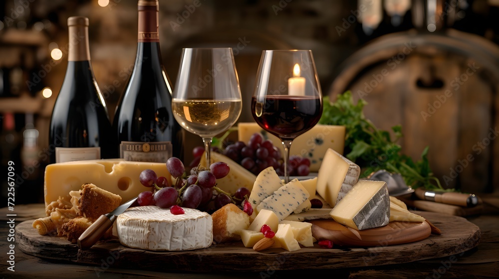  arranged wine and cheese pairing showcasing an array of artisanal cheeses and carefully curated wine selection, set against a rustic backdrop for an inviting ambiance