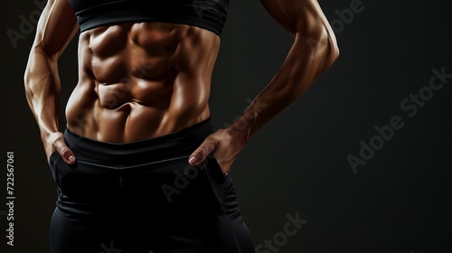 Female athlete with muscular waist in sportswear on black backgroundfitness and gymnastics concept.