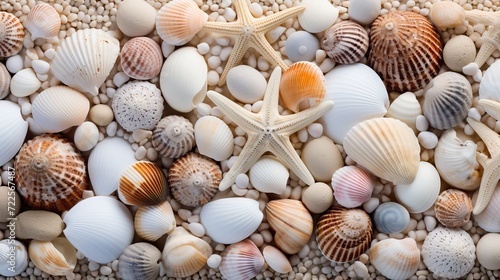Aerial view of beach with seashells and starfish  natural background for summer travel concept
