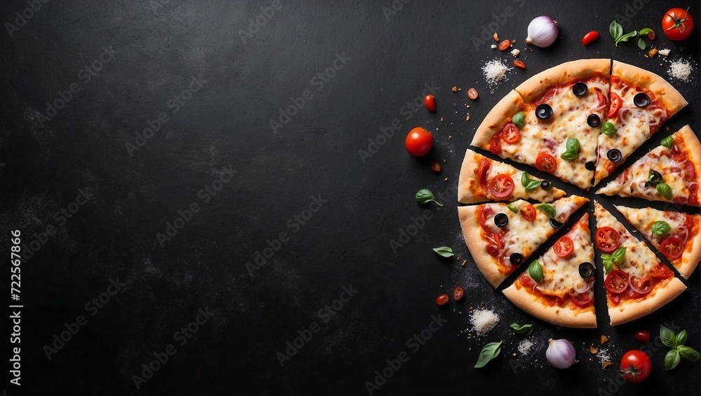 Top view pizza on empty black background, advertising space, copy space