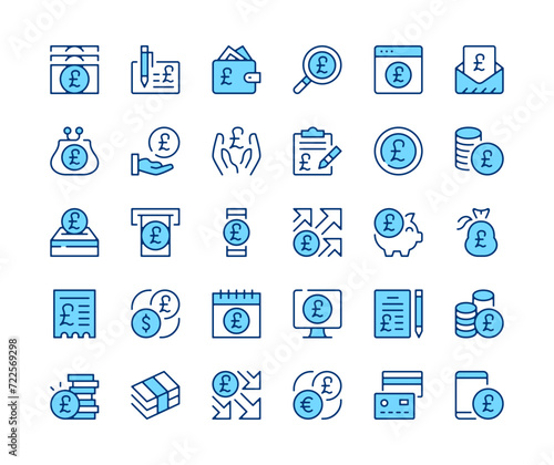 British pound sterling icons set. Vector line icons. Blue color outline stroke symbols. Modern concepts