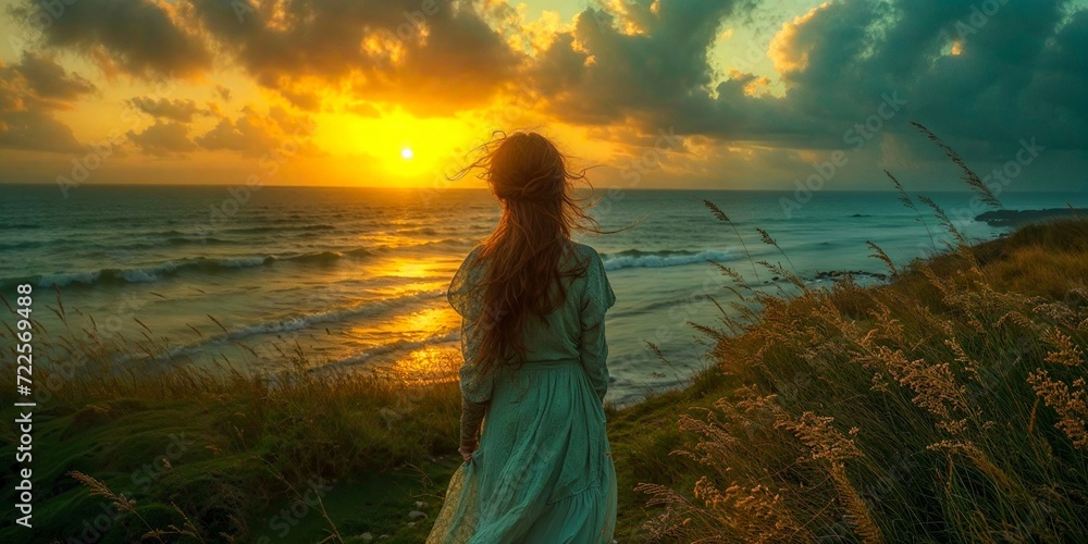 Girl in dress standing with back turned on the ocean shore at dawn, wide banner, Celtic, Ireland - obrazy, fototapety, plakaty 