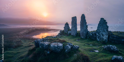 Standing stones in the early morning fog mist dawn, Ireland, Celtic, wide banner, copyspace