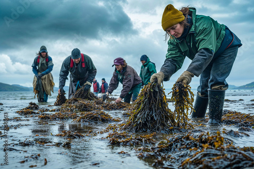 Fényképezés People gathering Dulaman seaweed from the shore coastline, traditional harvest,