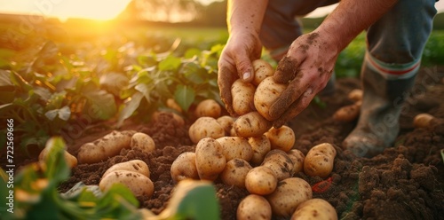 hand farmer picking potatoes from soil on field with golden sun rays, harvest time concept agriculture  photo