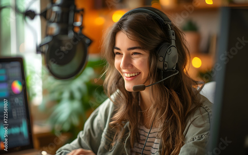 Female podcaster making audio podcast in her home studio