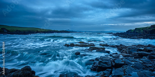 Waves on rocky shore in the blue early morning, Ireland landscape, Celtic, wide banner, background, moody