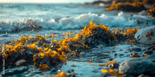 Closeup of yellow seaweed in the water on the ocean shore