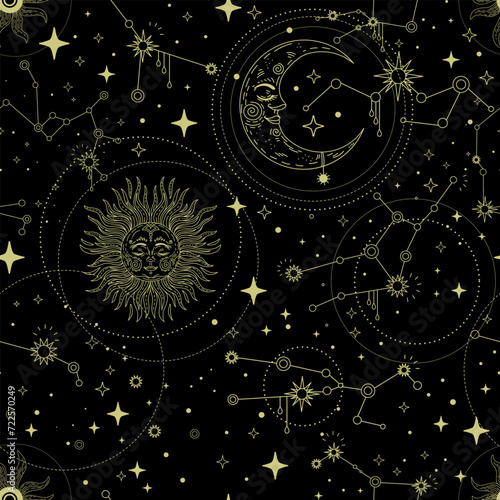 Zodiac constellation black seamless pattern vector