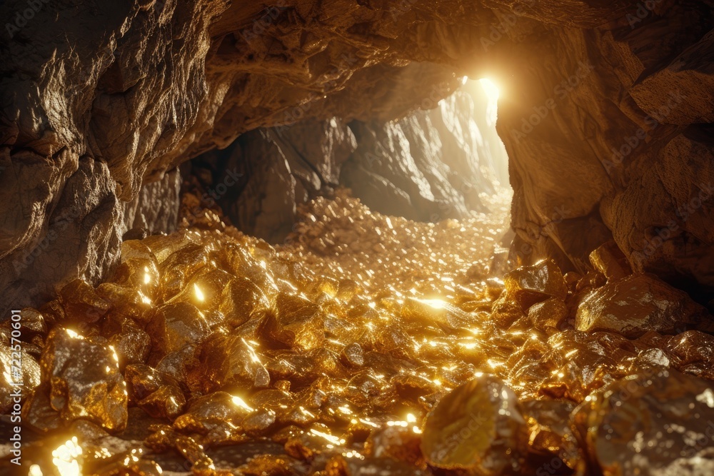 nugget gold stone on cave, treasure discovery or exploration of mine nugget gold stone on cave, treasure discovery or exploration of mine