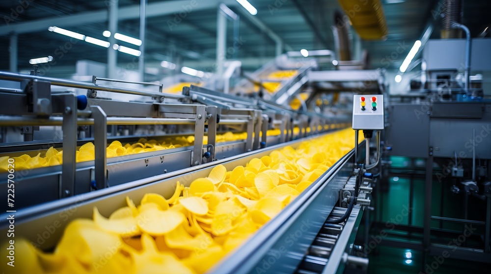 Automated production and packaging line for crispy potato chips on conveyor belt