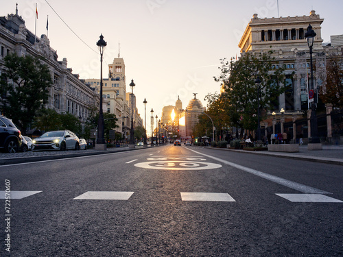 Madrid  Spain - November 19  2023  Calle de Alcala empty avenue in Madrid under sunset colors