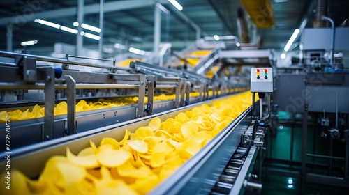 Automated production and packaging line for crispy potato chips on conveyor belt