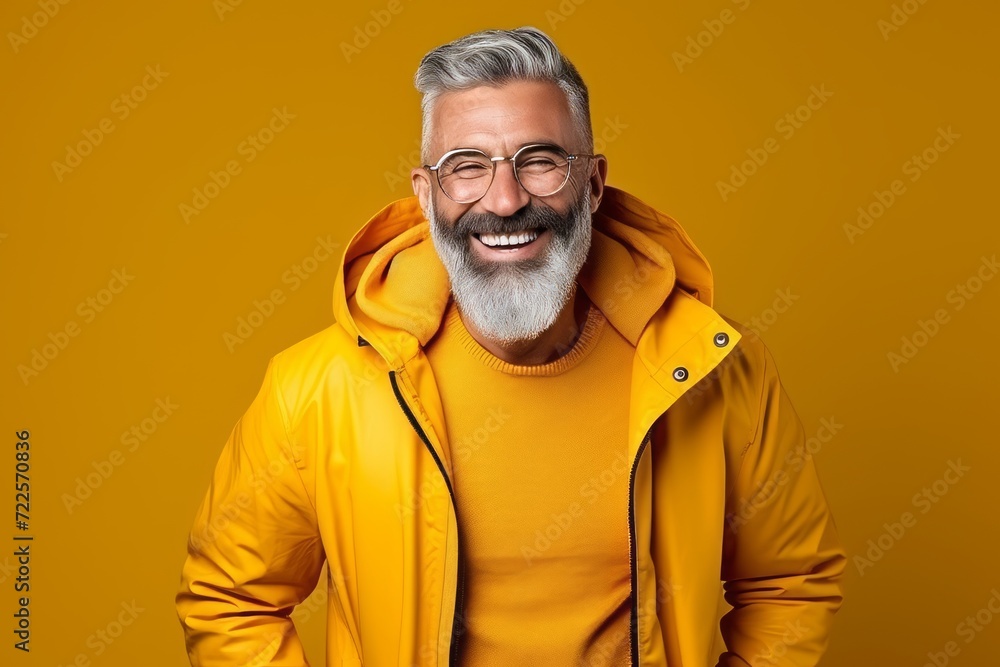 Portrait of a happy senior man in yellow jacket and glasses over yellow background Portrait of a happy senior man in yellow jacket and glasses over yellow background