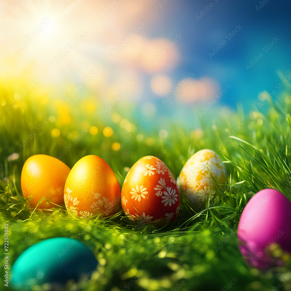 Easter eggs nestle in vibrant grass under radiant sun. Colors of yellow red blue pink adorn eggs. Patterns include floral designs speckles. Sky is clear blue with fluffy white clouds Easter eggs nestle in vibrant grass under radiant sun. Colors of yellow red blue pink adorn eggs. Patterns include floral designs speckles. Sky is clear blue with fluffy white clouds