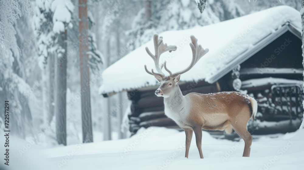 a deer on snow place near wooden house a deer on snow place near wooden house