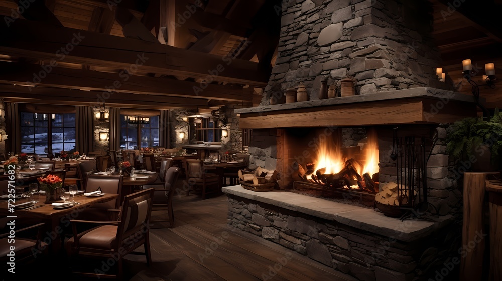 Cozy mountain chalet restaurant with wooden beams, stone accents, and a warm, inviting ambiance