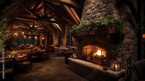 Cozy mountain chalet restaurant with wooden beams  stone accents  and a warm  inviting ambiance