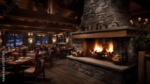 Cozy mountain chalet restaurant with wooden beams, stone accents, and a warm, inviting ambiance