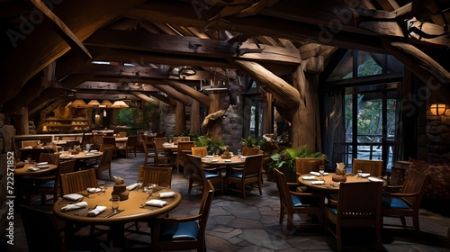 Cozy mountain chalet restaurant with wooden beams  stone accents  and a warm  inviting ambiance