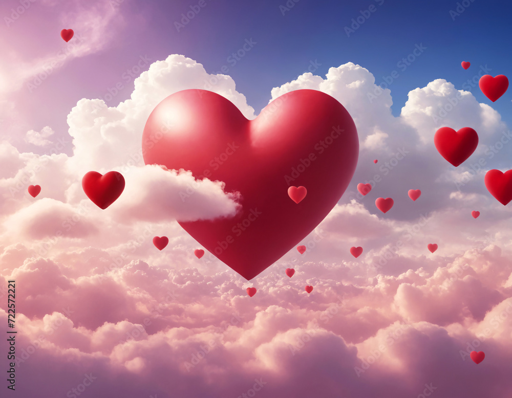A huge red heart amidst white and pink clouds. A huge red heart amidst white and pink clouds.
