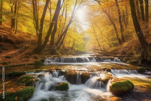 Sunlit autumn forest  cascading waterfall  majestic river. Generative AI