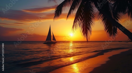 sunset view with silhouette of sailboat on beach and palm coconut tree