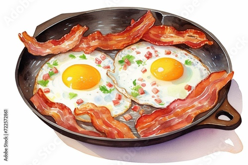 Watercolor illustration of egg and bacon cooking in a frying pan. Generative AI