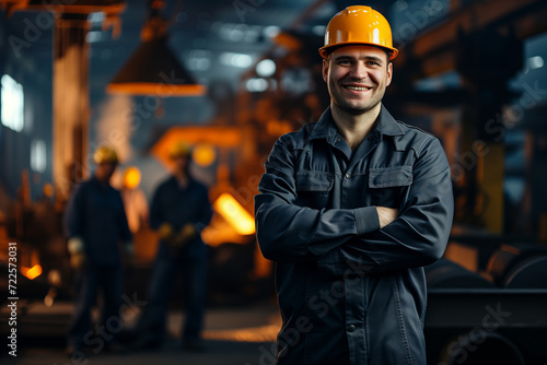 Optimistic Factory Supervisor with Industrial Team at Steel Manufacturing Plant