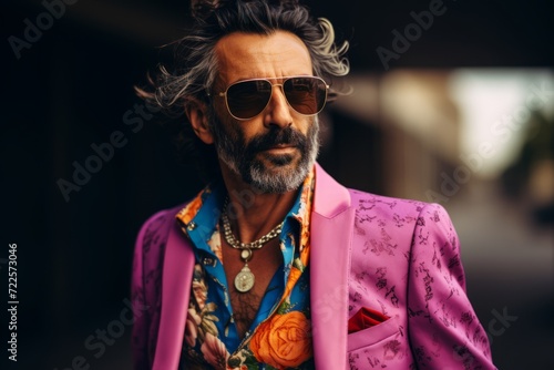 Portrait of a stylish man in sunglasses and a pink suit. © Inigo