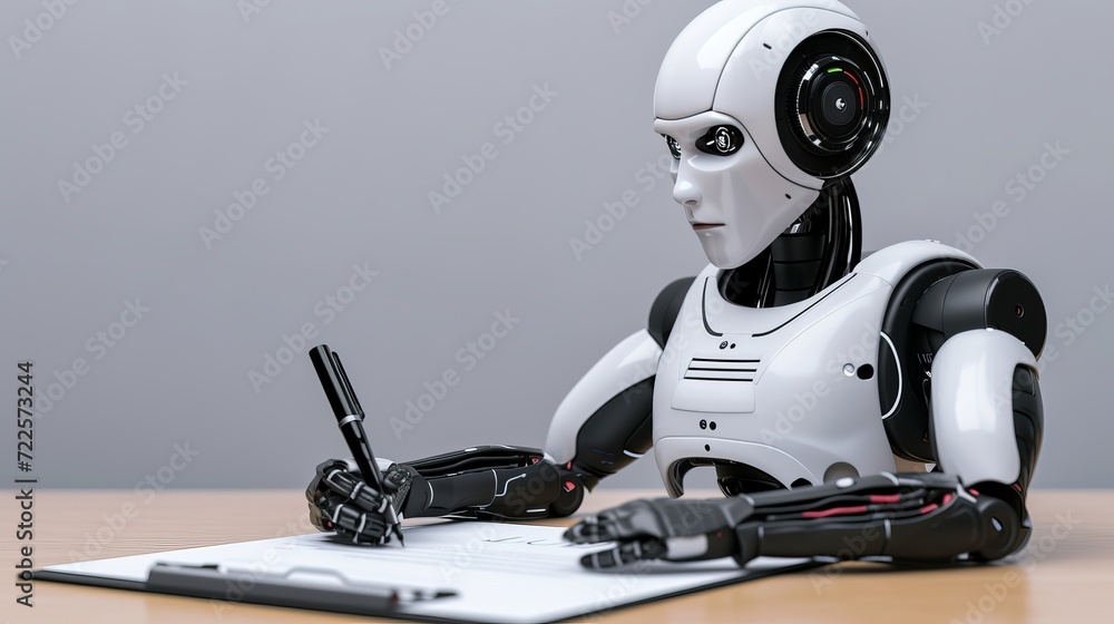 Naklejka premium Advanced ai robot writing articles assisting with homework futuristic robot assistant with pen