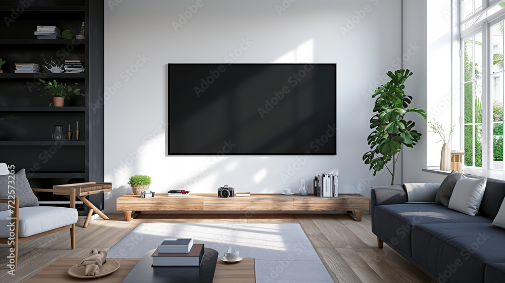 Wide screen flat television banner mockup of empty black screen at Modern Living Room with Minimalist Decor. Wide screen flat television banner mockup of empty black screen at Modern Living Room with Minimalist Decor.