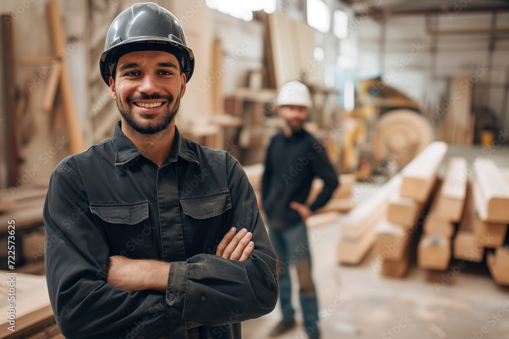 Friendly Woodworker in Hardhat, Timber Workshop, Active Worksite Friendly Woodworker in Hardhat, Timber Workshop, Active Worksite