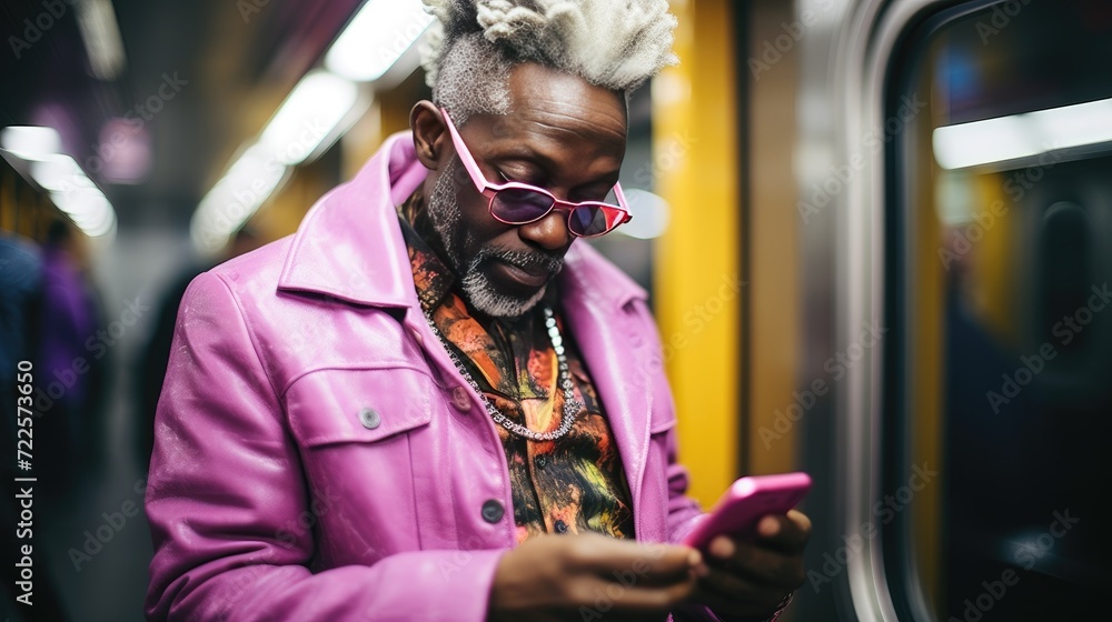 Obraz premium Senior man is using a smartphone in public transportation
