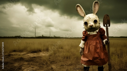 Cyperpunk rabbit man in red dress with a spade