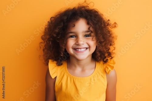 Portrait of a smiling little girl with curly hair over yellow background © Inigo