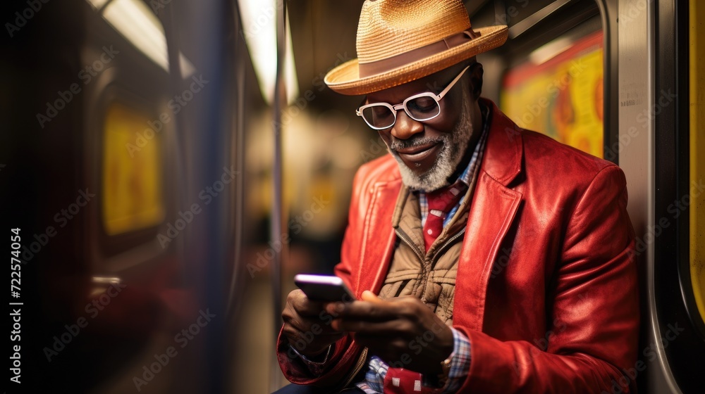 Senior man is using a smartphone in public transportation Senior man is using a smartphone in public transportation