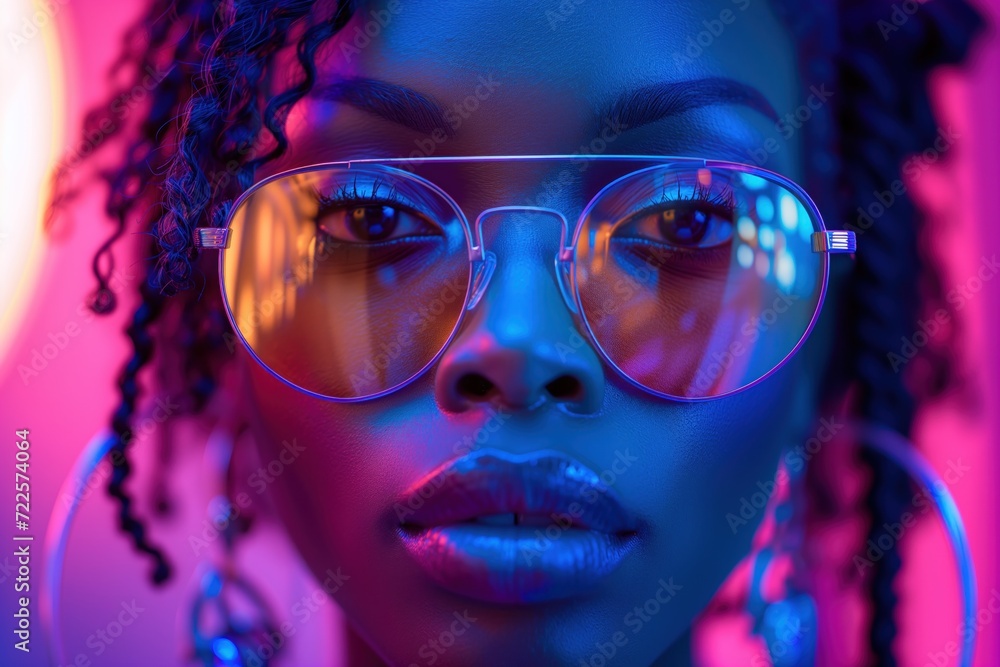 Close-up portrait of a dark-skinned girl with black curled hair in sunglasses and large earrings, on whose face blue neon light is reflected, posing against a purple neon bright background