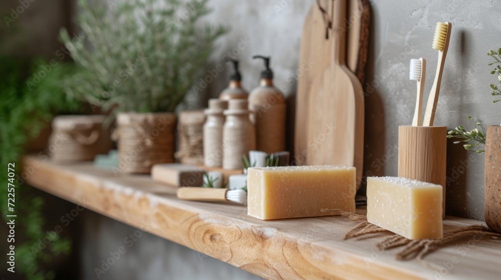 Wooden shelf with eco-friendly kitchen and personal care items, encouraging a sustainable lifestyle. Wooden shelf with eco-friendly kitchen and personal care items, encouraging a sustainable lifestyle.