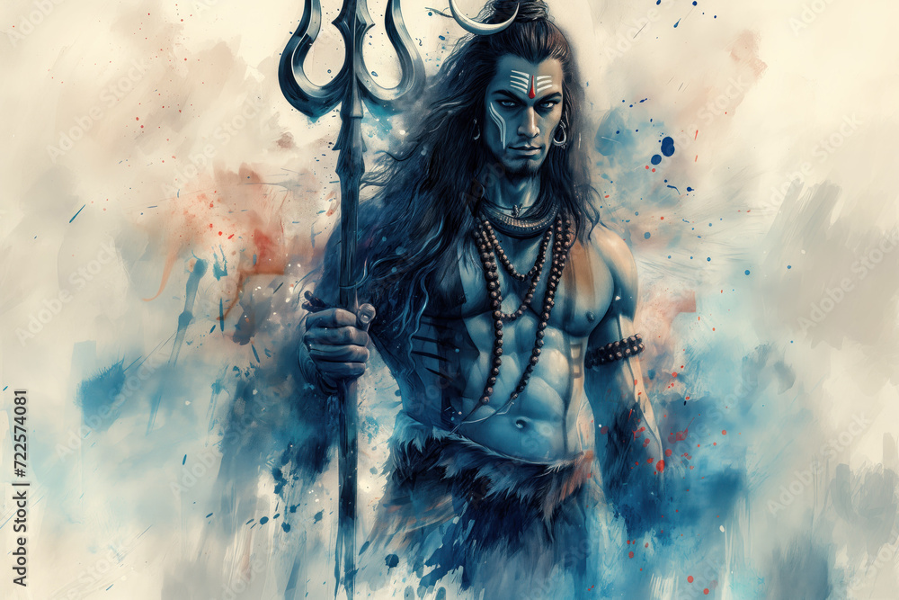 Lord Shiva with sculpted muscles and abs, drawn with watercolors, holds a trident in his hands and looks intently