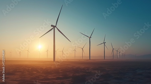 Row of wind turbines during a hazy sunrise, representing the dawn of sustainable energy solutions. © Liana