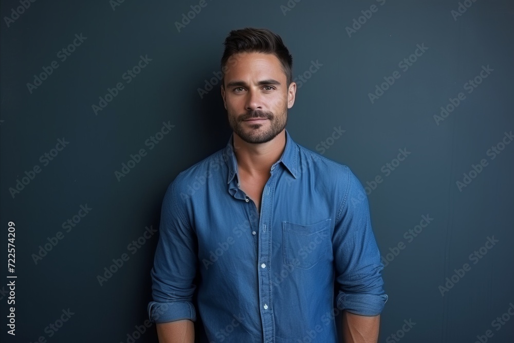Portrait of a handsome young man with beard standing against blue background Portrait of a handsome young man with beard standing against blue background