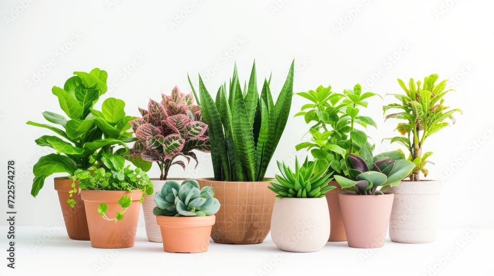 variety of green Indoor plants in ceramic pots on a white background. variety of green Indoor plants in ceramic pots on a white background.