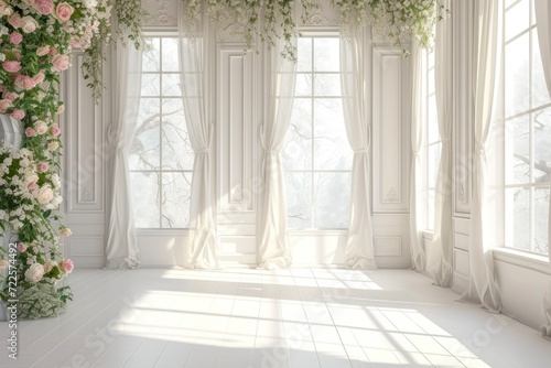 Wedding backdrop aesthetic flower wreath decoration indoor white background. Generative AI.